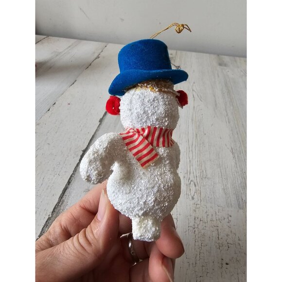 Antique vintage Frosty snowman ornament flocked blue top hat Xmas tree glitter f - Picture 4 of 10